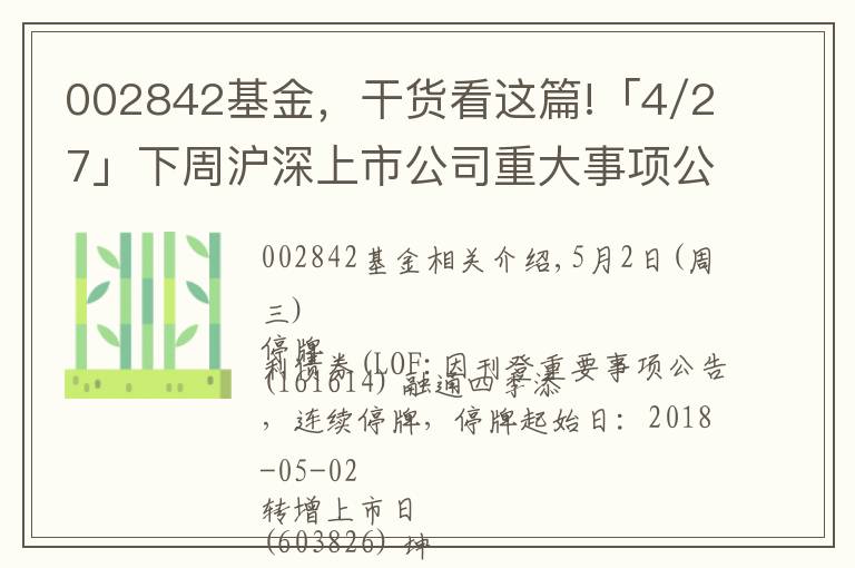 002842基金，干貨看這篇!「4/27」下周滬深上市公司重大事項(xiàng)公告最新快遞