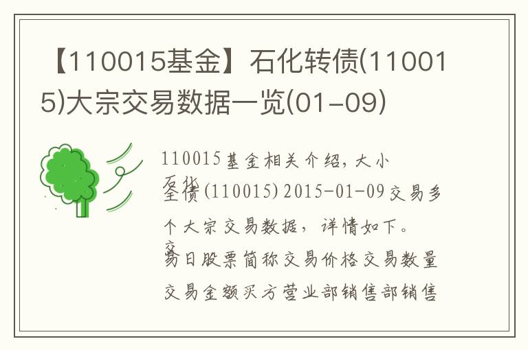 【110015基金】石化轉(zhuǎn)債(110015)大宗交易數(shù)據(jù)一覽(01-09)