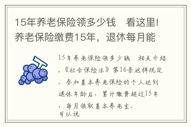 15年養(yǎng)老保險領(lǐng)多少錢	看這里!養(yǎng)老保險繳費(fèi)15年，退休每月能夠領(lǐng)取900~1200元？還有哪些待遇？