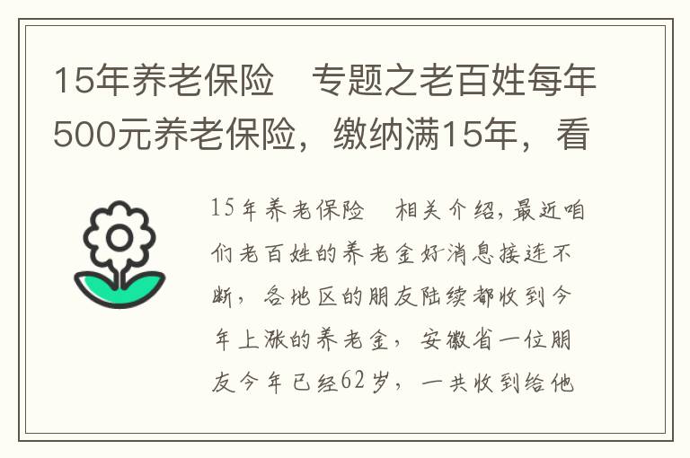 15年養(yǎng)老保險	專題之老百姓每年500元養(yǎng)老保險，繳納滿15年，看看每月領(lǐng)取多少？