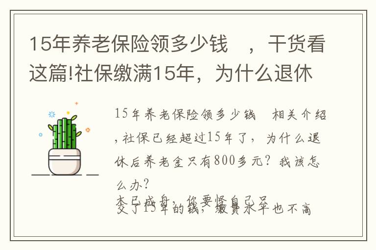 15年養(yǎng)老保險領(lǐng)多少錢	，干貨看這篇!社保繳滿15年，為什么退休后的養(yǎng)老金才800多元？應(yīng)該怎么辦？