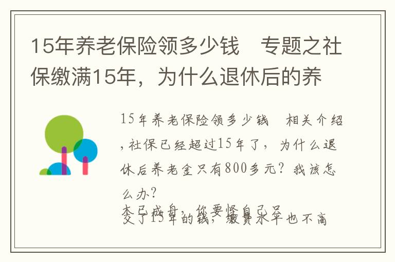 15年養(yǎng)老保險領(lǐng)多少錢	專題之社保繳滿15年，為什么退休后的養(yǎng)老金才800多元？應(yīng)該怎么辦？