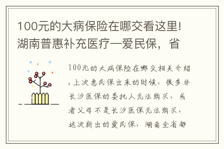 100元的大病保險(xiǎn)在哪交看這里!湖南普惠補(bǔ)充醫(yī)療—愛民保，省內(nèi)均可購(gòu)買