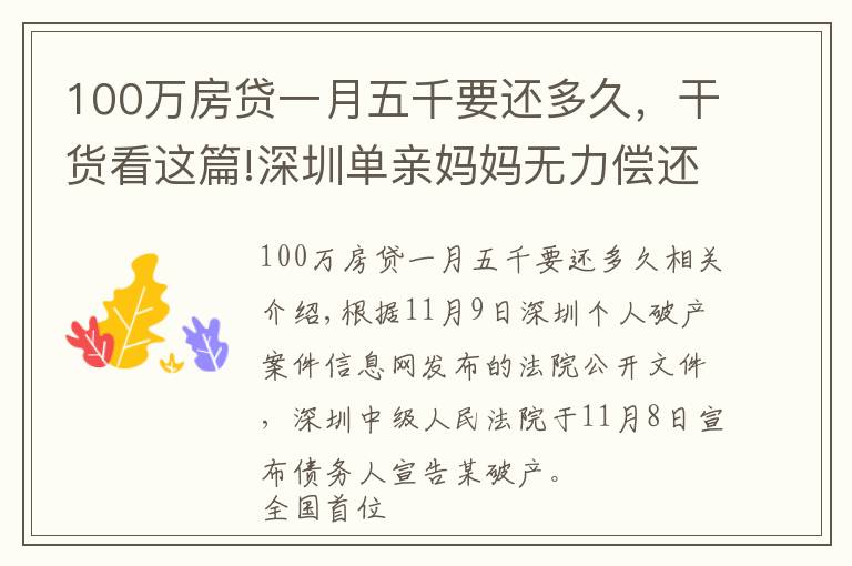 100萬房貸一月五千要還多久，干貨看這篇!深圳單親媽媽無力償還欠債成全國首位個(gè)人“破產(chǎn)人”