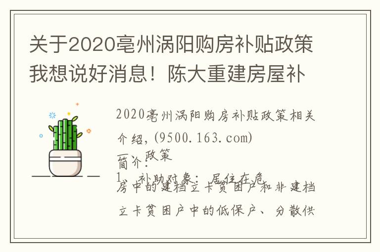 關于2020亳州渦陽購房補貼政策我想說好消息！陳大重建房屋補助2萬5，修繕加固補助6千元！