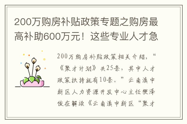 200萬購房補貼政策專題之購房最高補助600萬元！這些專業(yè)人才急缺