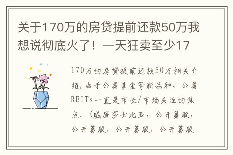 關(guān)于170萬(wàn)的房貸提前還款50萬(wàn)我想說(shuō)徹底火了！一天狂賣(mài)至少170億