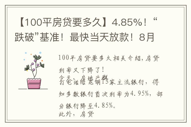 【100平房貸要多久】4.85%！“跌破”基準！最快當天放款！8月房貸利率出爐