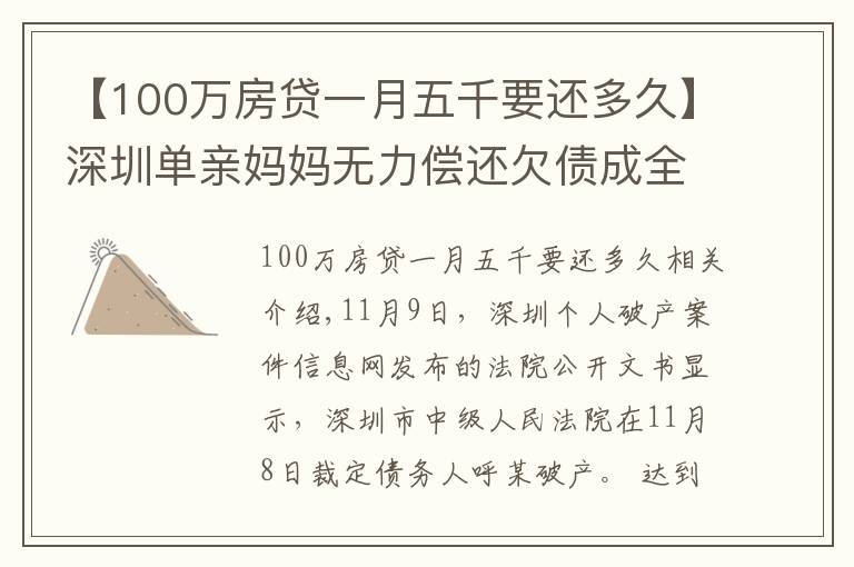 【100萬房貸一月五千要還多久】深圳單親媽媽無力償還欠債成全國首位個(gè)人“破產(chǎn)人”