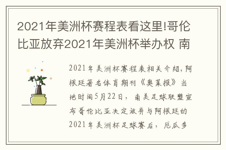 2021年美洲杯賽程表看這里!哥倫比亞放棄2021年美洲杯舉辦權(quán) 南美三國(guó)申請(qǐng)“接手”相關(guān)賽事