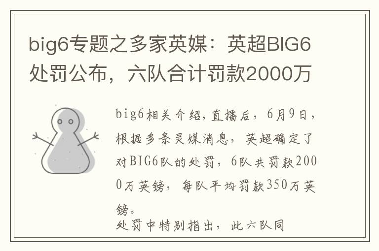 big6專題之多家英媒：英超BIG6處罰公布，六隊合計罰款2000萬鎊