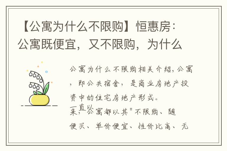 【公寓為什么不限購】恒惠房：公寓既便宜，又不限購，為什么不建議剛需買二手公寓？