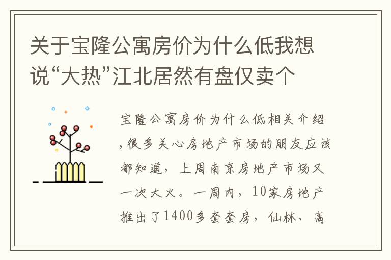 關(guān)于寶隆公寓房?jī)r(jià)為什么低我想說(shuō)“大熱”江北居然有盤僅賣個(gè)位數(shù)？這些盤竟也賣不動(dòng)了