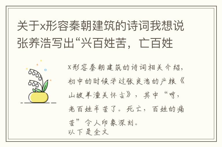 關于x形容秦朝建筑的詩詞我想說張養(yǎng)浩寫出“興百姓苦，亡百姓苦”之后，還有一首《驪山懷古》