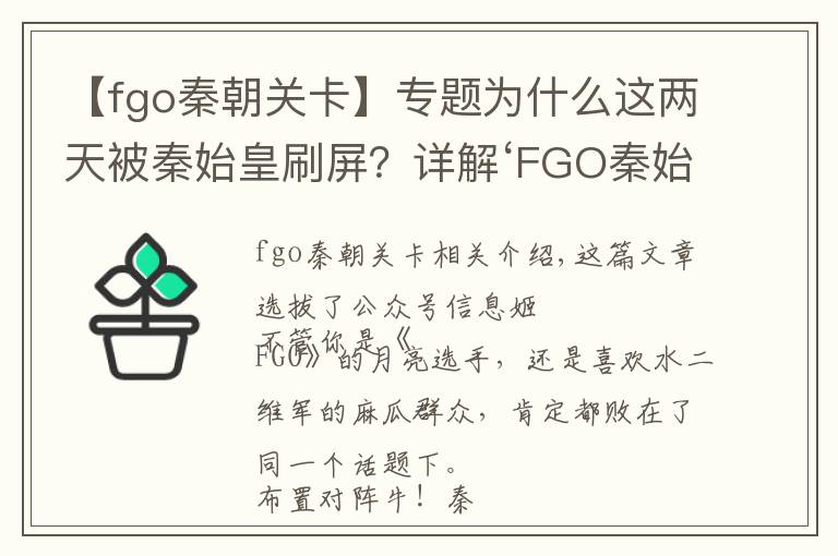 【fgo秦朝關(guān)卡】專題為什么這兩天被秦始皇刷屏？詳解‘FGO秦始皇事件’！