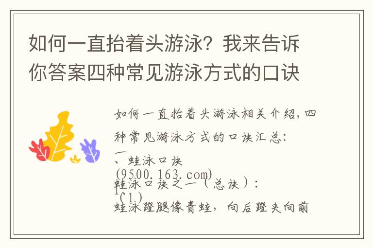 如何一直抬著頭游泳？我來告訴你答案四種常見游泳方式的口訣匯總