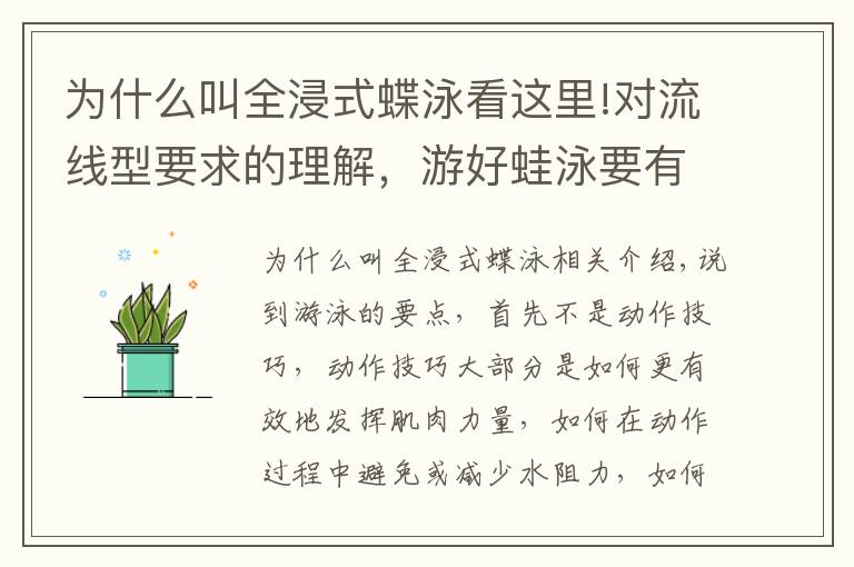 為什么叫全浸式蝶泳看這里!對流線型要求的理解，游好蛙泳要有向前向上的意識