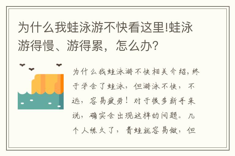 為什么我蛙泳游不快看這里!蛙泳游得慢、游得累，怎么辦？