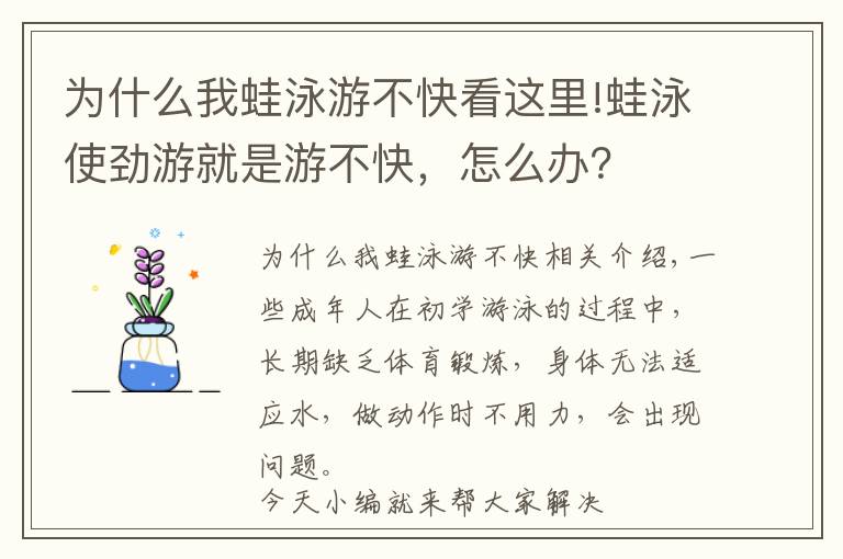 為什么我蛙泳游不快看這里!蛙泳使勁游就是游不快，怎么辦？