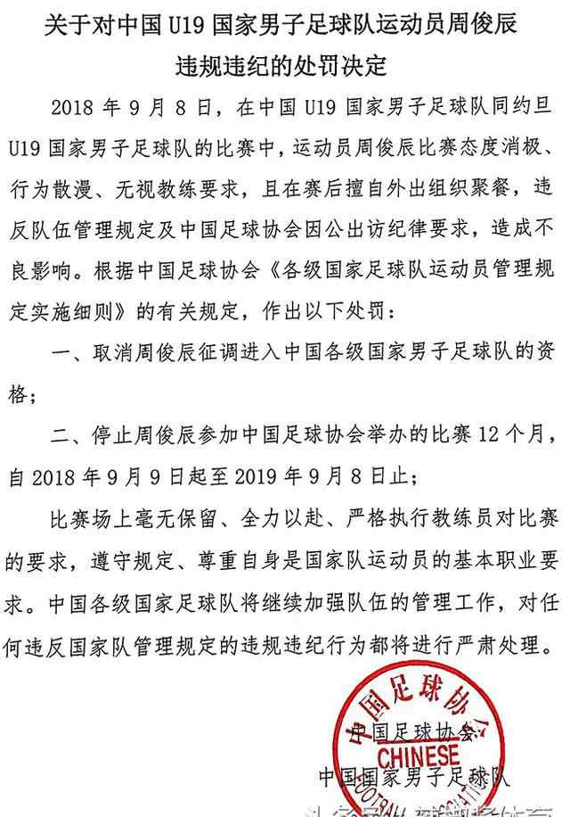 周俊辰禁賽一年 足協(xié)重罰國(guó)青小將最新消息：周俊辰禁賽一年 到底犯了什么錯(cuò)？