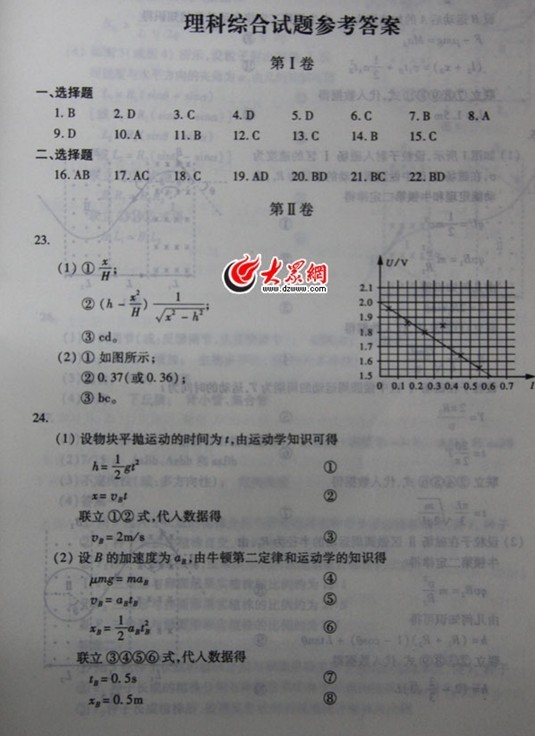 2011山東理綜 高考資源網(wǎng):2011高考理綜答案（山東卷）