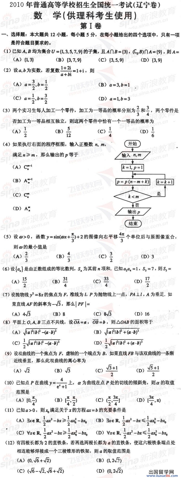 2010遼寧高考數(shù)學(xué) 2010遼寧普通高考招生數(shù)學(xué)理真題和參考答案