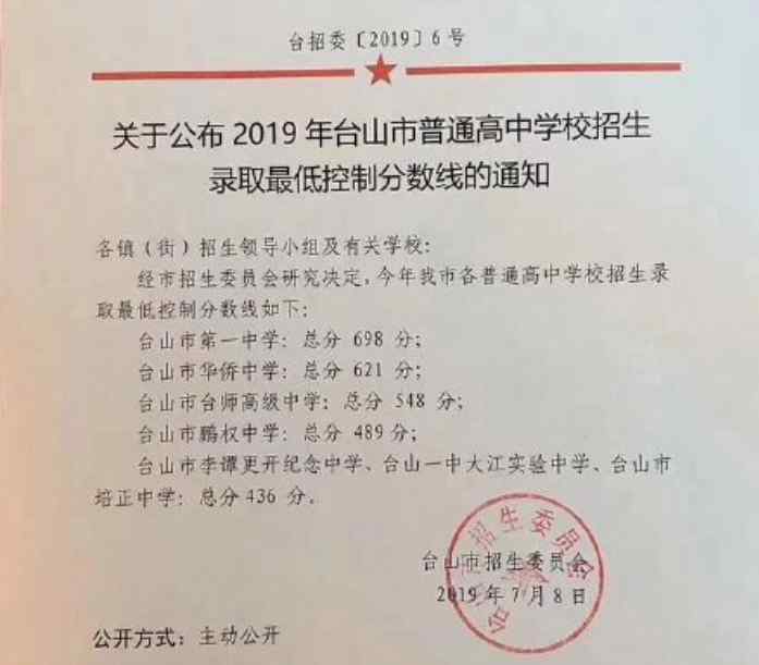  臺(tái)山市教育局：2019年廣東江門臺(tái)山中考錄取分?jǐn)?shù)線（已公布）