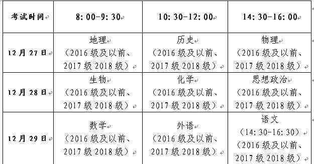  山東青島2019年冬季普通高中學(xué)業(yè)水平考試時間：12月27日-31日