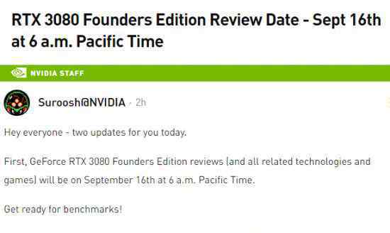  英偉達RTX 3080評測將于9月16日解禁 RTX 3070于10月15日上市