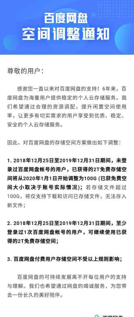 百度盤登錄 百度網(wǎng)盤公告：長期未登錄的用戶免費(fèi)存儲空間調(diào)整為100G