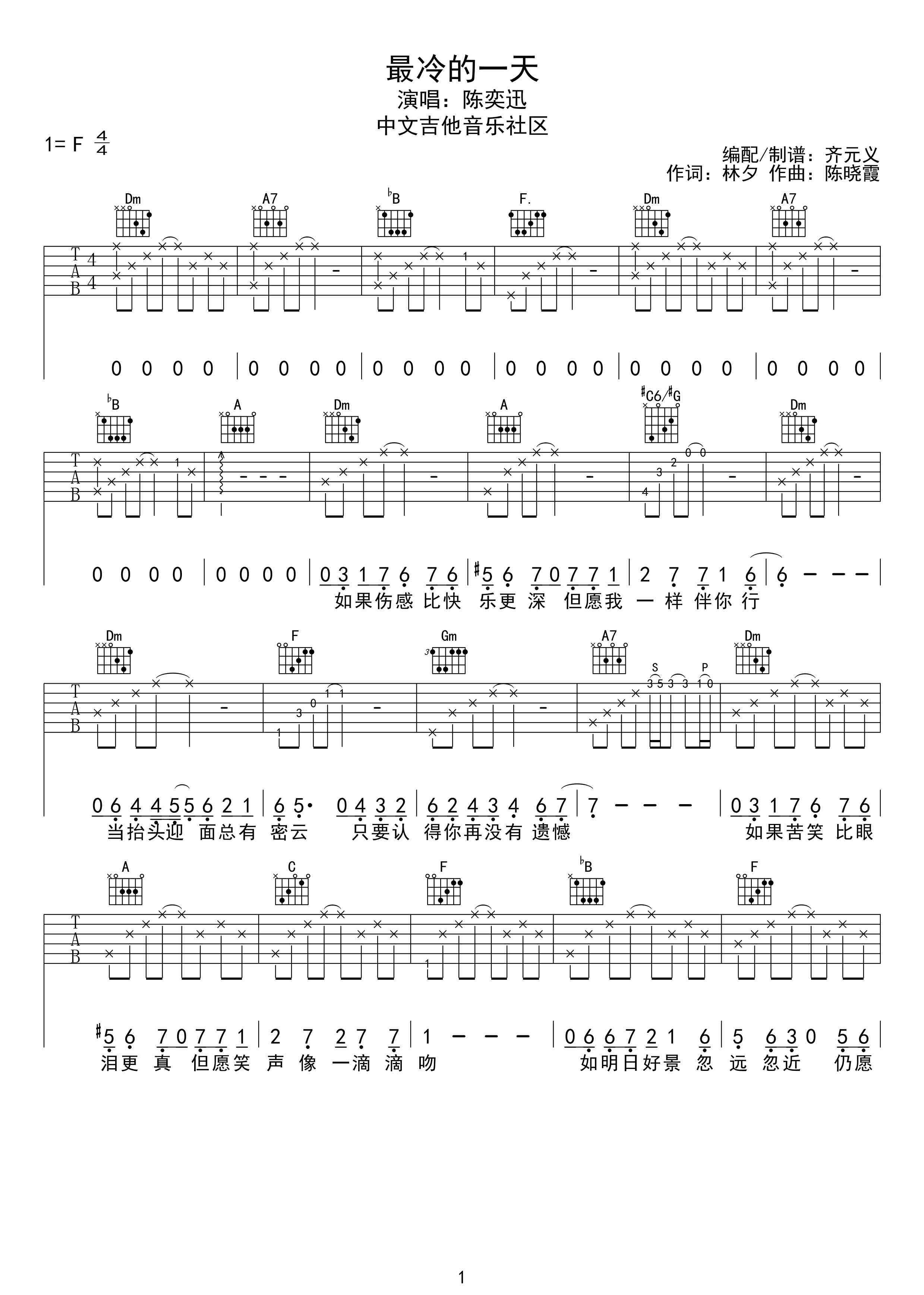 苦笑吉他譜 最冷一天吉他譜 陳奕迅