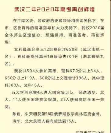 二中錄取分數(shù)線 武漢市第二中學錄取分數(shù)線及成績2020