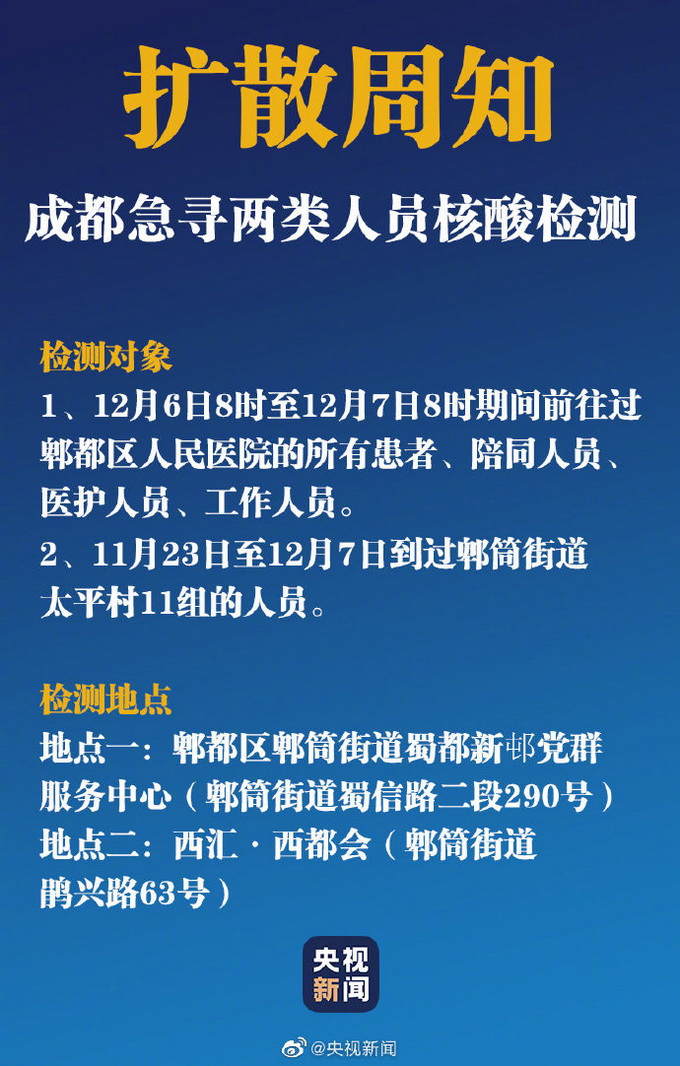 轉擴！成都急尋兩類人員核酸檢測