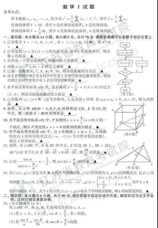 江蘇高考數(shù)學(xué)卷 2019江蘇高考數(shù)學(xué)試題及答案【圖片版】