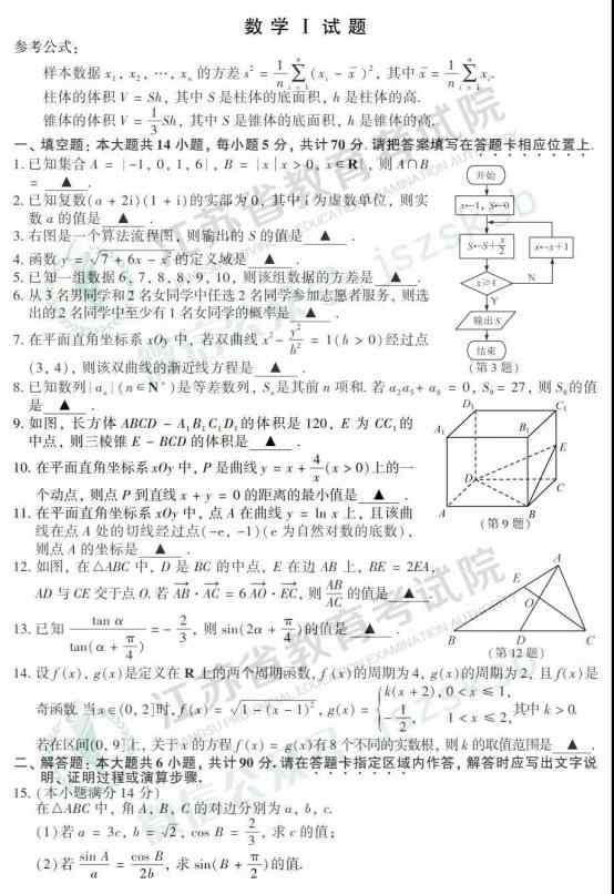 江蘇高考數(shù)學(xué)卷 2019江蘇高考數(shù)學(xué)試題及答案【圖片版】