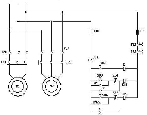 電機(jī)控制電路圖 為兩臺(tái)異步電動(dòng)機(jī)設(shè)計(jì)一個(gè)控制回路,要有主電路圖和控制電路圖,要求如下：