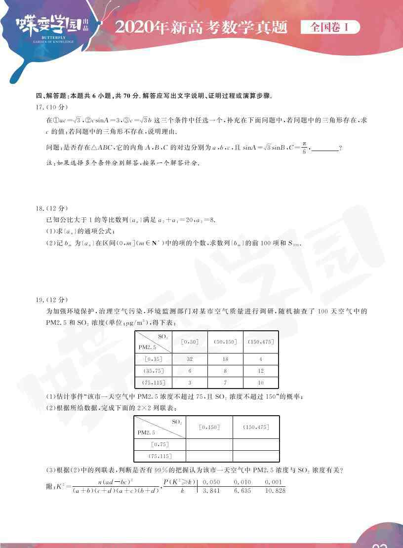 全國卷數(shù)學(xué) 2020年新高考全國卷1數(shù)學(xué)真題試卷【高清精校版】