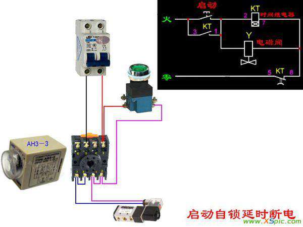 時間繼電器接線圖 一個開關(guān),一個時間繼電器,一個電磁閥來控制一個氣缸上下動作,請問應(yīng)該怎么連接. 求接線圖.