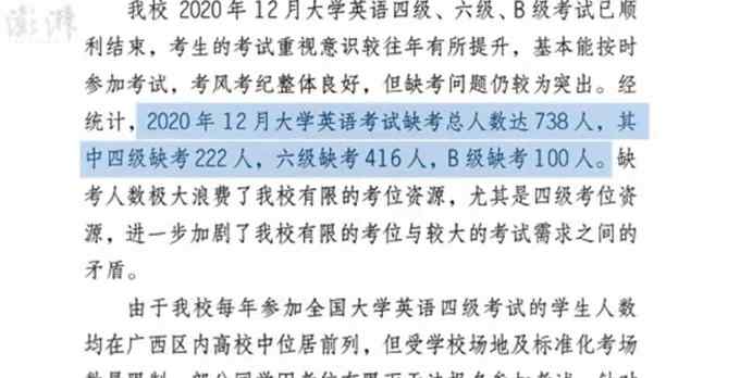 廣西一高校英語四六級638人缺考 校方：極大浪費考位資源