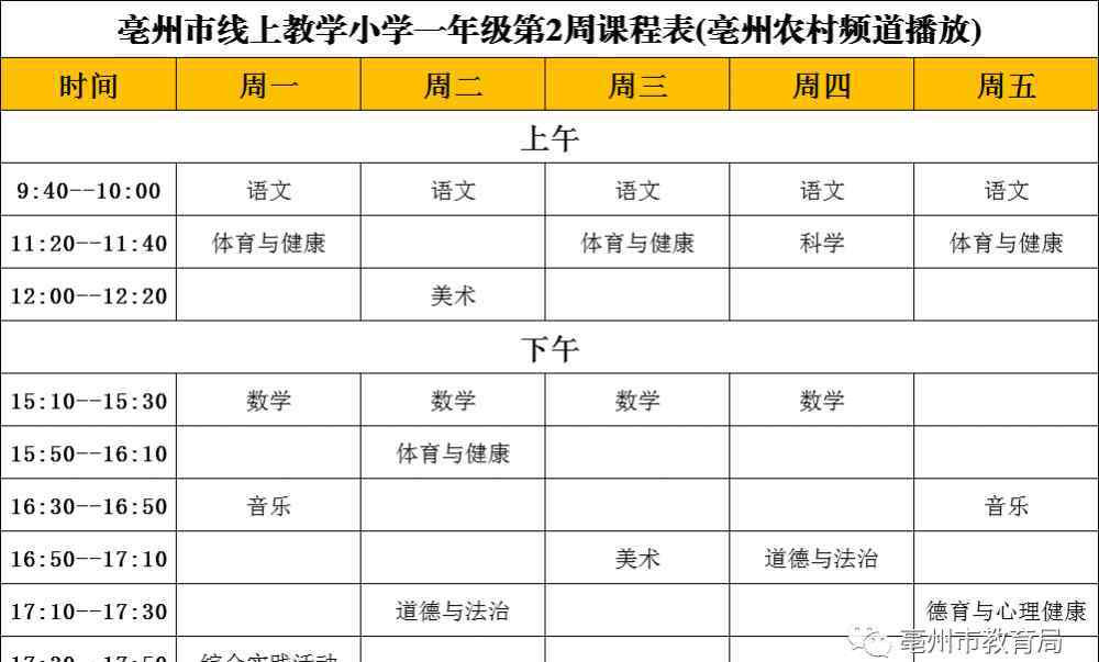 亳州線上教學 亳州中小學線上教學本周課表早知道！