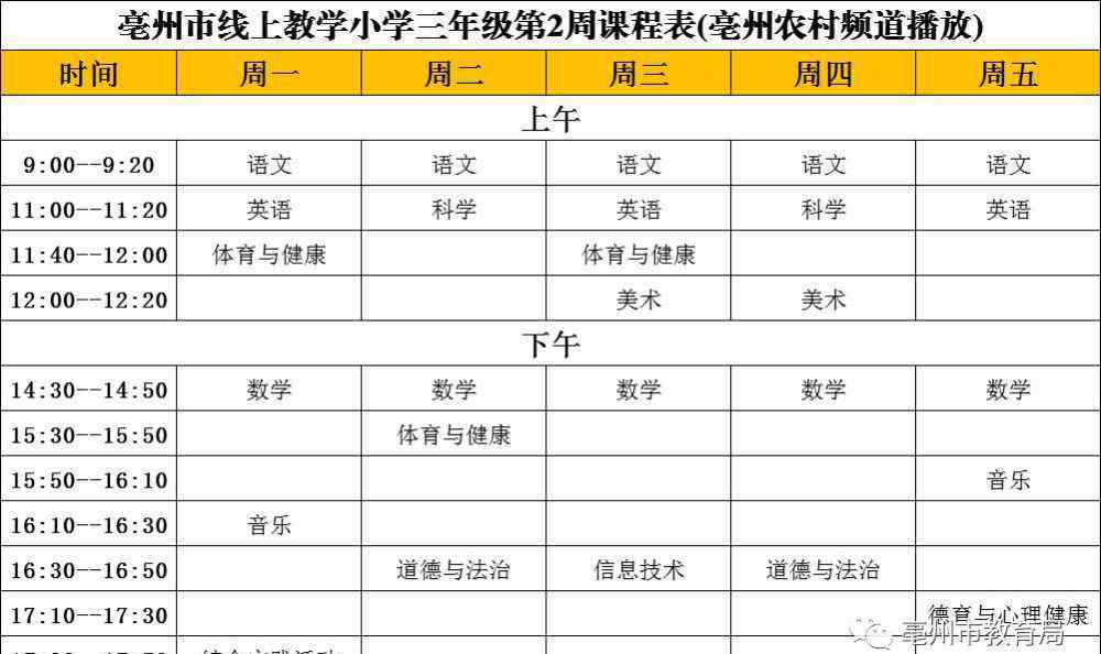 亳州線上教學 亳州中小學線上教學本周課表早知道！