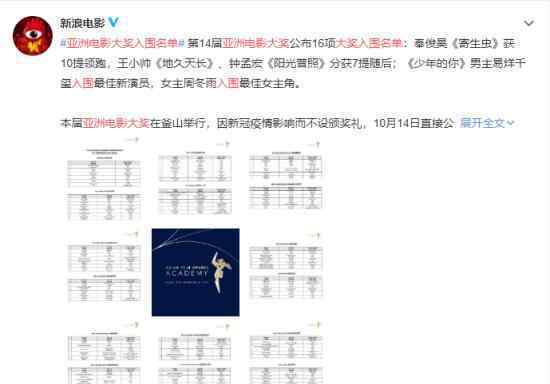 亞洲電影大獎(jiǎng)入圍名單上熱搜 獲獎(jiǎng)名單何時(shí)公布