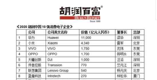 2020胡潤(rùn)中國(guó)10強(qiáng)消費(fèi)電子企業(yè) 附十強(qiáng)名單