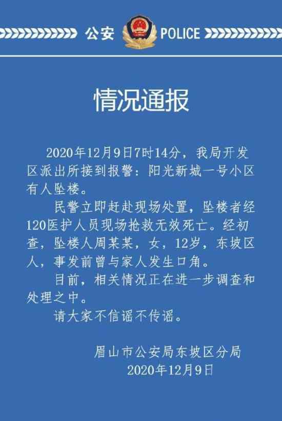 眉山警方通報(bào)12歲女孩墜亡 具體通報(bào)內(nèi)容