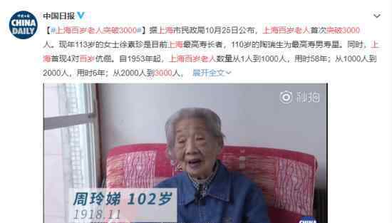 上海百歲老人突破3000 3年時間從兩千人增長至三千人