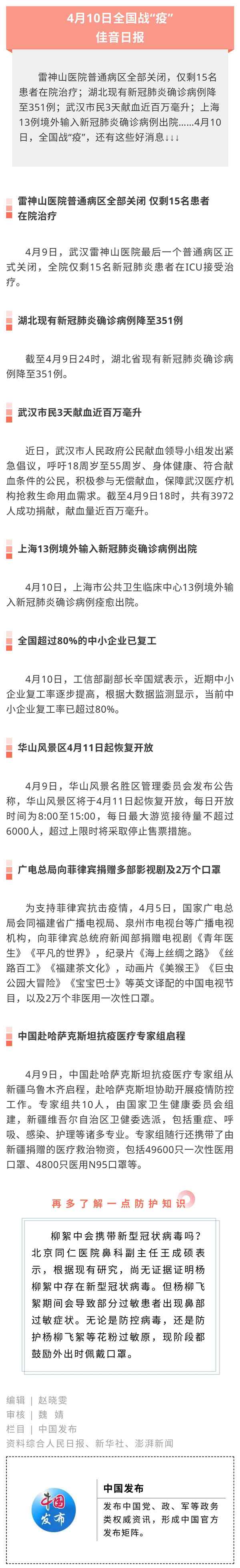 武漢市民三天獻(xiàn)血近百萬毫升 中國發(fā)布丨4月10日佳音日報：雷神山醫(yī)院普通病區(qū)全部關(guān)閉 武漢市民3天獻(xiàn)血近百萬毫升