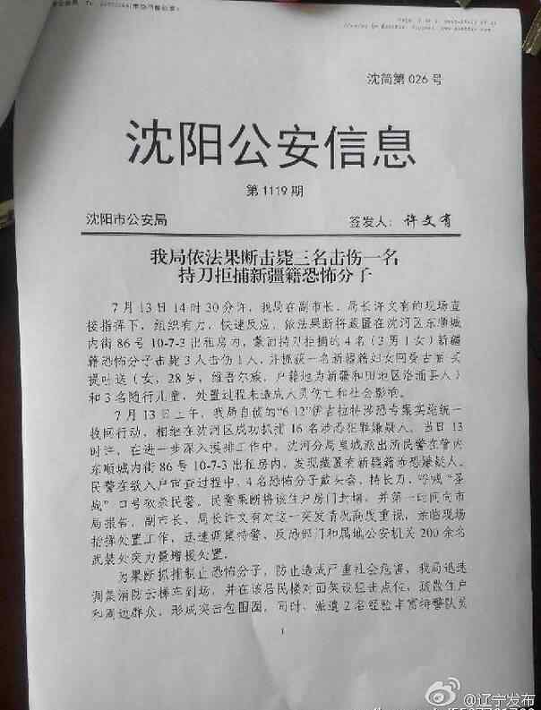 沈陽(yáng)擊斃 沈陽(yáng)警方擊斃3名持刀拒捕新疆籍恐怖分子