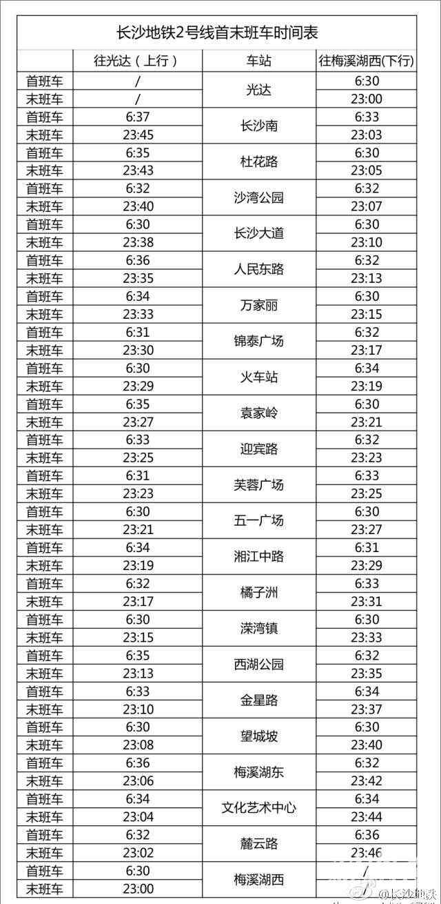 2號線地鐵時刻表 長沙地鐵2號線末班時刻表在這里