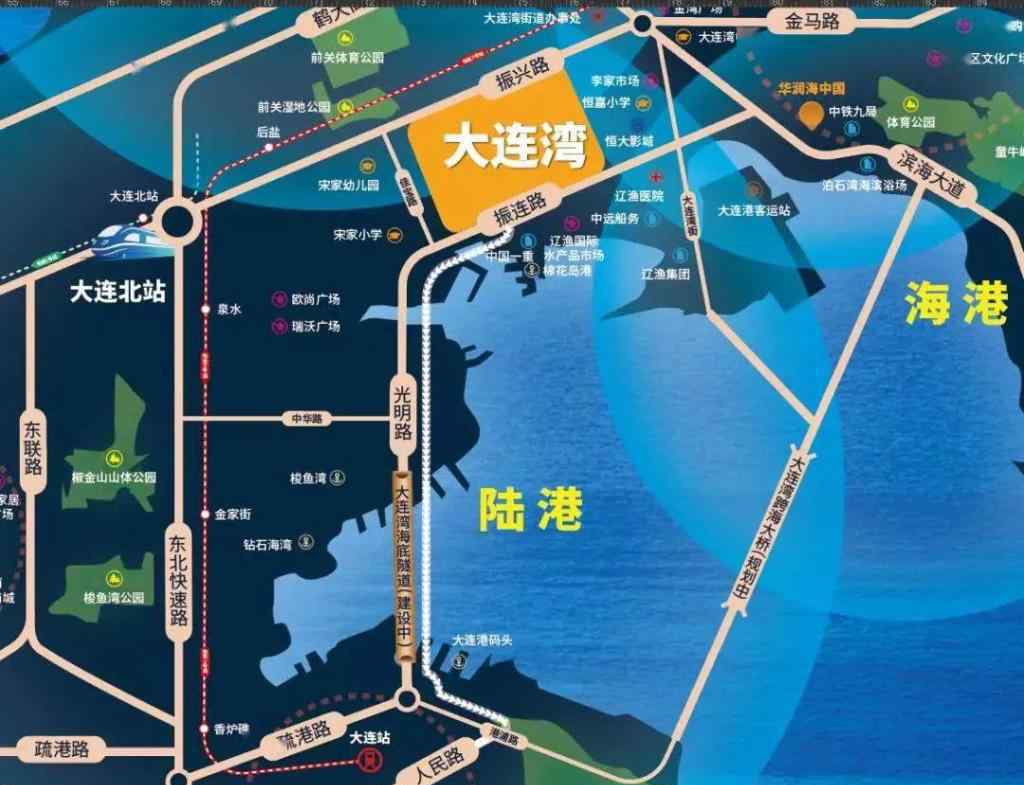 大連灣海底隧道規(guī)劃圖 縱貫?zāi)媳?，大連灣海底隧道和光明路延伸工程