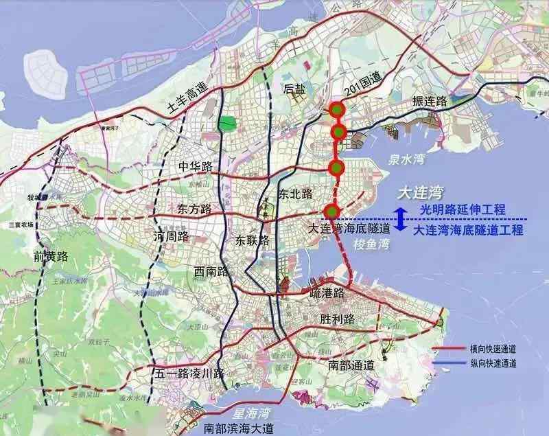 大連灣海底隧道規(guī)劃圖 縱貫?zāi)媳?，大連灣海底隧道和光明路延伸工程